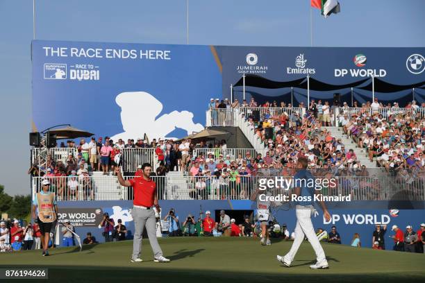 Jon Rahm of Spain reacts on the 18th green during the final round of the DP World Tour Championship at Jumeirah Golf Estates on November 19, 2017 in...