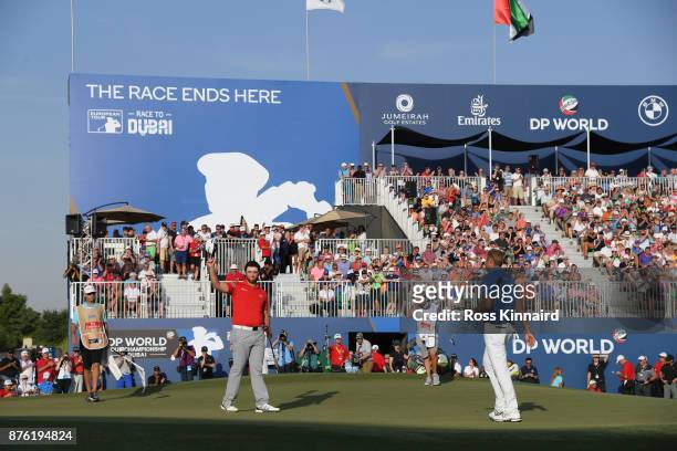 Jon Rahm of Spain reacts on the 18th green during the final round of the DP World Tour Championship at Jumeirah Golf Estates on November 19, 2017 in...