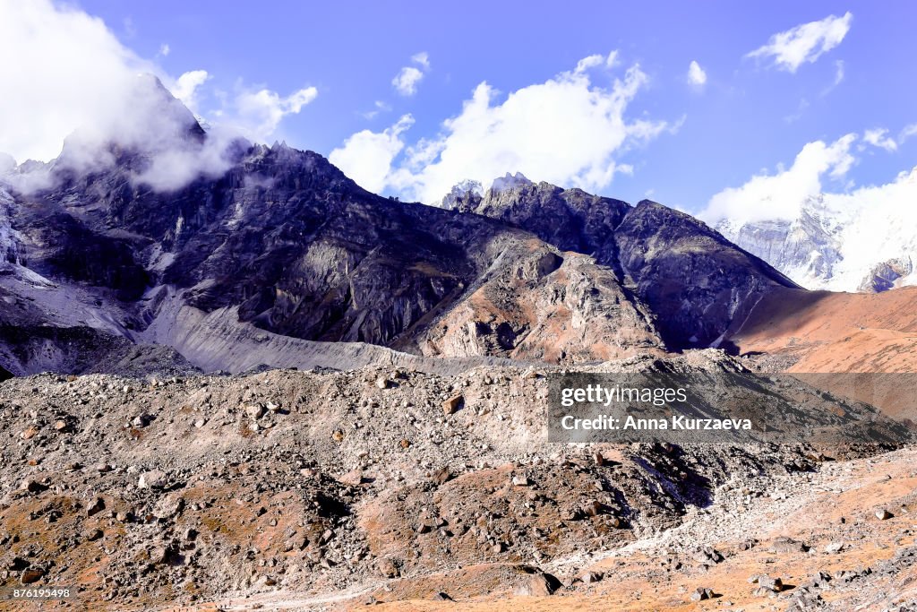 The Khumbu glacier and the mountains view from above the village of Lobuche, very close to the Everest base camp in the Himalayas in Nepal