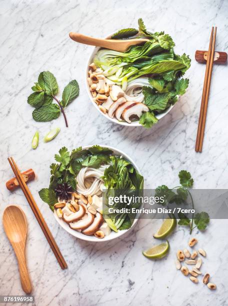 pho soup dinner for two with herbs - pratos vegetarianos imagens e fotografias de stock