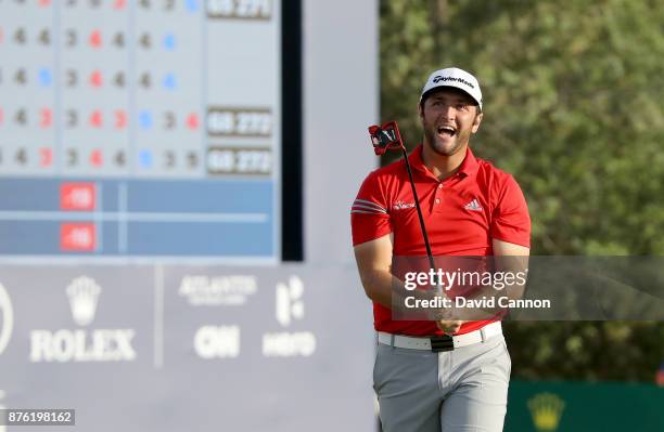 Jon Rahm of Spain reacts on the 18th green on his way to a one shot victory during the final round of the 2017 DP World Tour Championship on the...