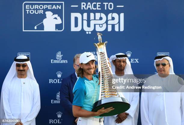 Tommy Fleetwood of England poses with the Race to Dubai trophy during the final round of the DP World Tour Championship at Jumeirah Golf Estates on...