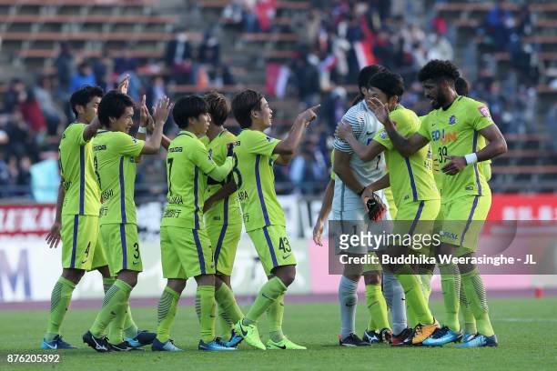 Sanfrecce Hiroshima players celebrate their 2-1 victory in the J.League J1 match between Vissel Kobe and Sanfrecce Hiroshima at Kobe Universiade...