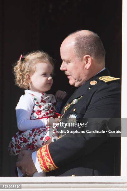 Prince Albert II of Monaco with Princess Gabriella of Monaco greet the crowd from the Palace's balcony during the Monaco National Day Celebrations on...