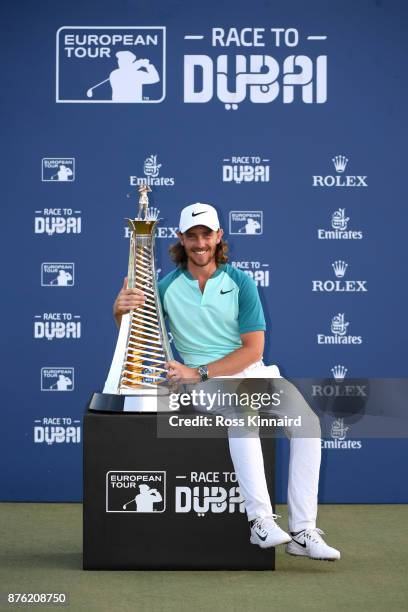 Tommy Fleetwood of England poses with the Race to Dubai trophy during the final round of the DP World Tour Championship at Jumeirah Golf Estates on...