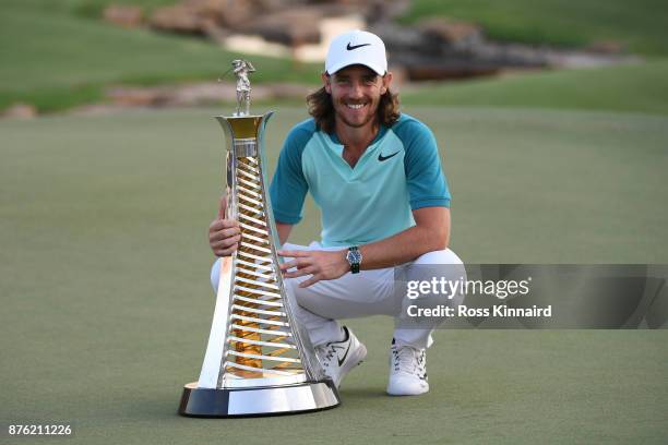 Tommy Fleetwood of England poses with the Race to Dubai trophy during the final round of the DP World Tour Championship at Jumeirah Golf Estates on...