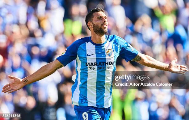 Borja Gonzalez celebrates after scoring the third goal for Malaga CF during the La Liga match between Malaga and Deportivo La Coruna at Estadio La...