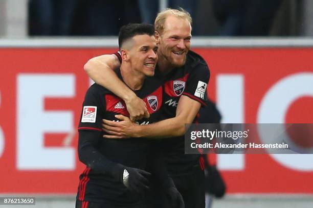 Alfredo Morales of Ingolstadt celebrates scoring the opening goal with his team mate Tobias Levels during the Second Bundesliga match between FC...