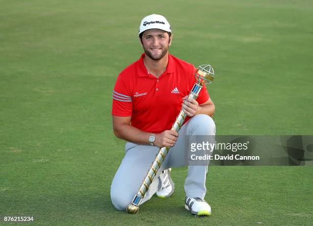 Jon Rahm of Spain holds the DP World Tour Championship trophy after his victory during the final round of the 2017 DP World Tour Championship on the...