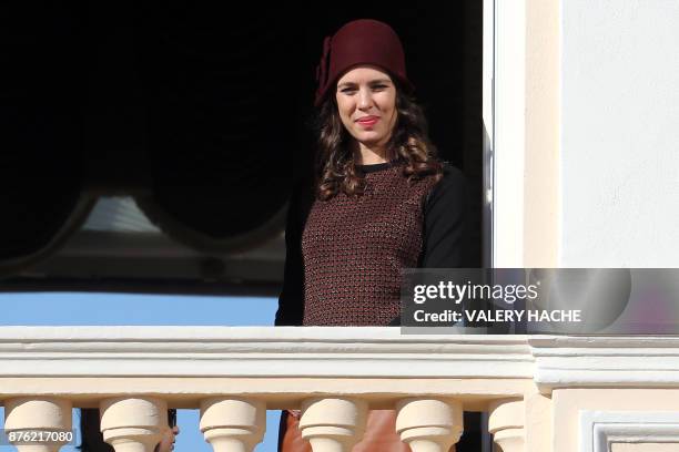 Charlotte Casiraghi appears on the balcony of the Monaco Palace during the celebrations marking Monaco's National Day, on November 19, 2017 in...