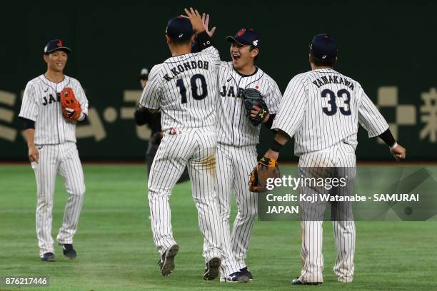 Japanese players celebrate after the Eneos Asia Professional Baseball Championship 2017 final game between Japan and South Korea at Tokyo Dome on...