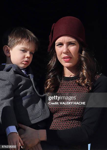 Charlotte Casiraghi appears with his son Raphael on the balcony of the Monaco Palace during the celebrations marking Monaco's National Day, on...
