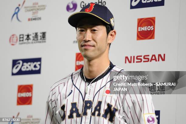 Infielder Shuta Tonosaki of Japan is interviewed after awarded the most valuable player after the Eneos Asia Professional Baseball Championship 2017...