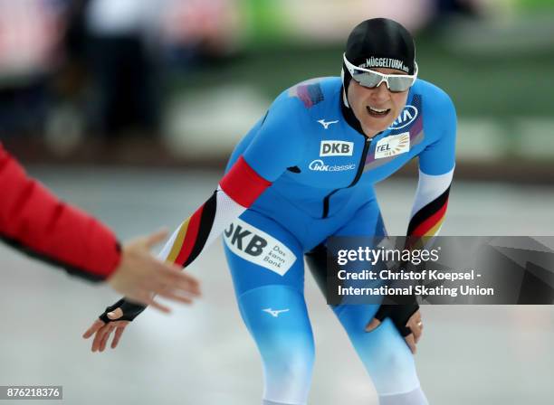 Claudia Pechstein of Germany celebrates her victory in the ladies 5000m Division A race during Day 3 of the ISU World Cup Speed Skating at Soermarka...