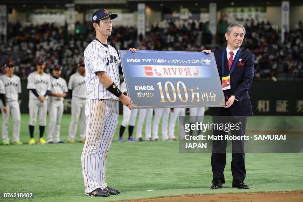 Infielder Shuta Tonosaki of Japan is introduced as the most valuable player at the award ceremony after the Eneos Asia Professional Baseball...