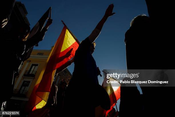 Supporter of Franco does a fascist salute as she holds a Spanish flag during a rally commemorating the 42nd anniversary of Spain's former dictator...