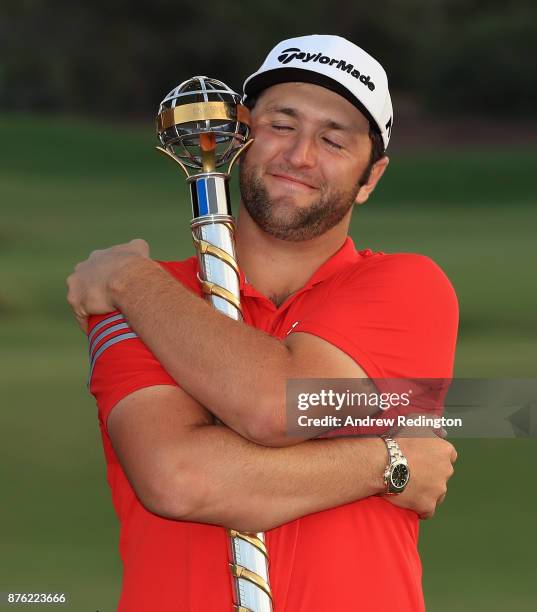 Jon Rahm of Spain poses with the trophy after winning the DP World Tour Championship at Jumeirah Golf Estates on November 19, 2017 in Dubai, United...
