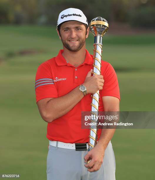 Jon Rahm of Spain poses with the trophy after winning the DP World Tour Championship at Jumeirah Golf Estates on November 19, 2017 in Dubai, United...