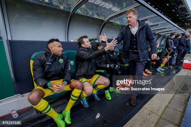 Melvyn Lorenzen of ADO Den Haag, Erik Falkenburg of ADO Den Haag, coach Alfons Groenendijk of ADO Den Haag during the Dutch Eredivisie match between...