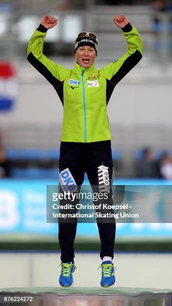 Claudia Pechstein of Germany poses during the medal ceremony after winning the 1st place in the ladies 5000m Division A race during Day 3 of the ISU...