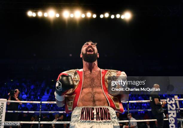 Jono Carroll celebrates after defeating Humberto De Santiago following their vacant IBF Super-Featherweight Championship fight on the Frampton Reborn...