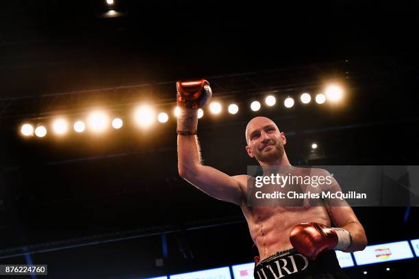 Steven Ward celebrates after defeating Przemyslaw Binienda during their International Light-Heavyweight bout on the Frampton Reborn boxing bill at...