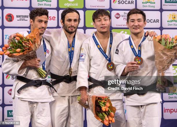 Under 60kg medallists L-R: Silver; Ashley Mckenzie , Gold; Bekir Ozlu , Bronzes; Amartuvshin Dashdavaa and Amartuvshin Bayaraa during The Hague Judo...