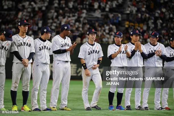 Infielder Shuta Tonosaki of Japan is introduced as the most valuable player at the award ceremony after the Eneos Asia Professional Baseball...