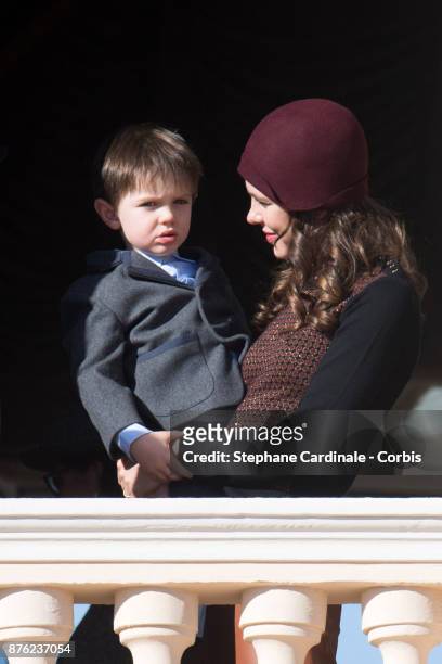 Charlotte Casiraghi and and her son Raphael Elmaleh greet the crowd from the palace's balcony during the Monaco National Day Celebrations on November...