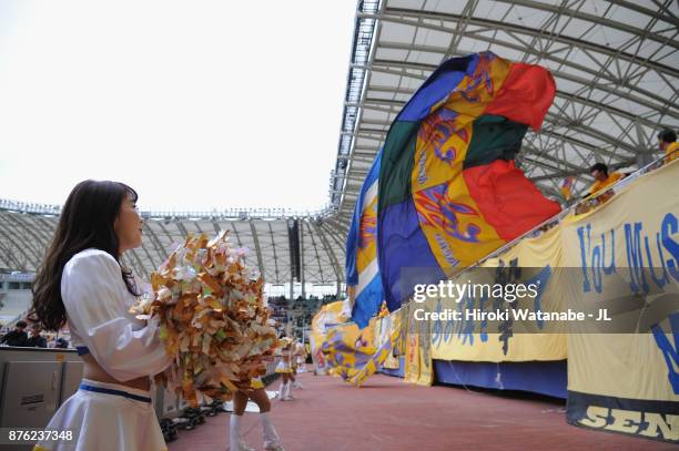 Vegalta Sendai supporters cheer prior to the J.League J1 match between Vegalta Sendai and Omiya Ardija at Yurtec Stadium Sendai on November 18, 2017...