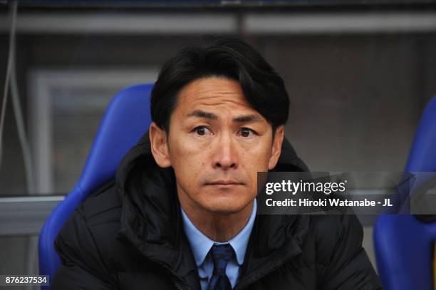 Head coach Susumu Watanabe of Vegalta Sendai looks on prior to the J.League J1 match between Vegalta Sendai and Omiya Ardija at Yurtec Stadium Sendai...
