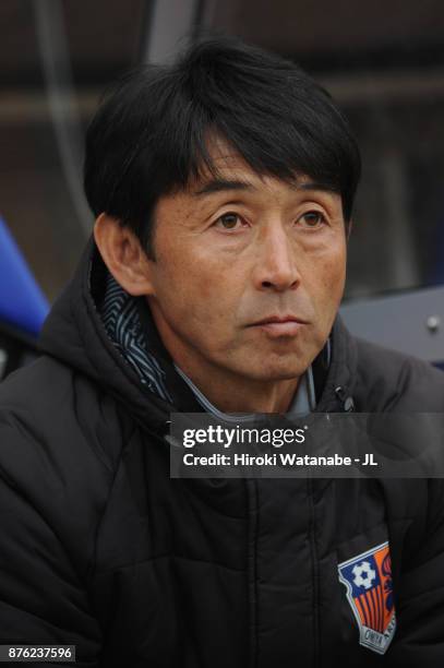 Head coach Masatada Ishii of Omiya Ardija looks on prior to the J.League J1 match between Vegalta Sendai and Omiya Ardija at Yurtec Stadium Sendai on...