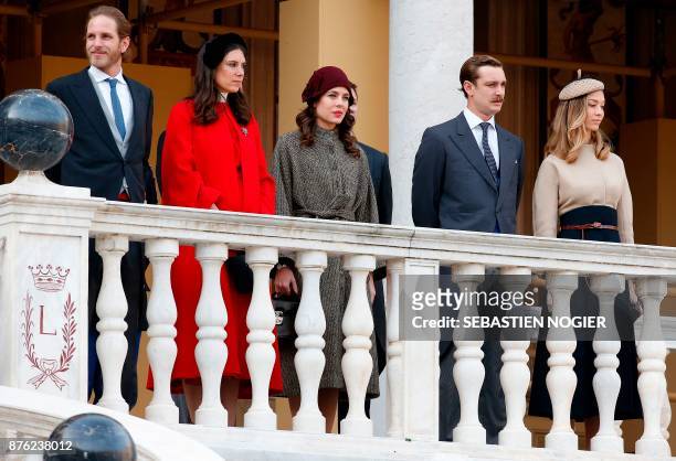 Andrea Casiraghi, his wife Tatiana Santo Domingo, Charlotte Casiraghi,, Pierre Casiraghi and his wife Beatrice Borromeo attend the Monaco National...