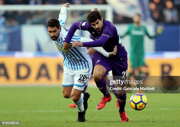 Marco Borriello of Spal battles for the ball with Gil Dias of ACF Fiorentina during the Serie A match between Spal and ACF Fiorentina at Stadio Paolo...