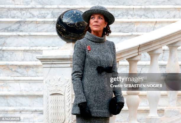 Princess Caroline of Hanover attends the Monaco National Day celebrations at the Monaco Palace on November 19, 2017. / AFP PHOTO / POOL / Sebastien...