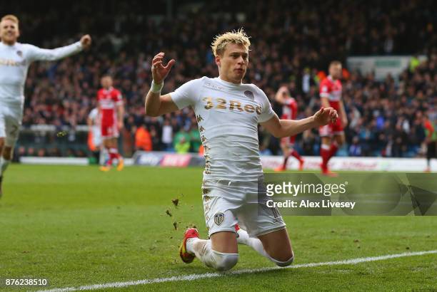 Ezgjan Alioski of Leeds United celebrates after scoring their second goal during the Sky Bet Championship match between Leeds United and...