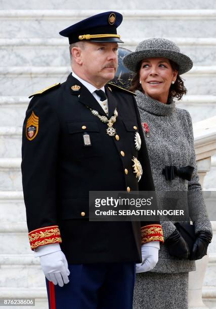 Prince Albert II of Monaco and Princess Caroline of Hanover attend the Monaco National Day celebrations at the Monaco Palace on November 19, 2017.
