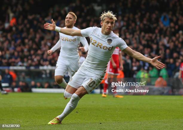 Ezgjan Alioski of Leeds United celebrates after scoring their second goal during the Sky Bet Championship match between Leeds United and...