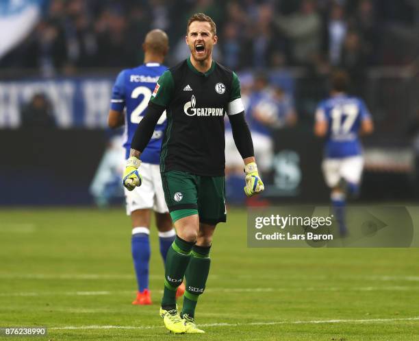 Ralf Faehrmann of Schalke 04 celebrates the first goal during the Bundesliga match between FC Schalke 04 and Hamburger SV at Veltins-Arena on...