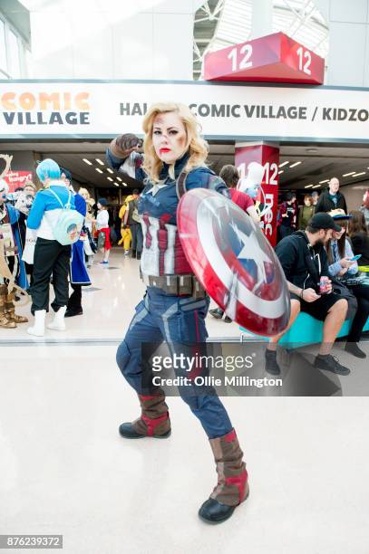 Gender bend Captain America cosplayer seen during the Birmingham MCM Comic Con held at NEC Arena on November 19, 2017 in Birmingham, England.