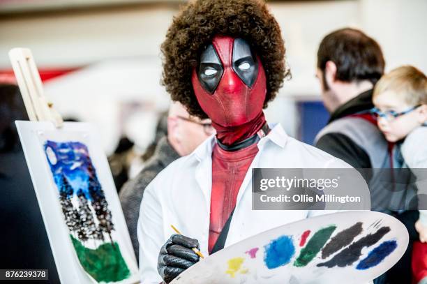 Bob Ross Deathpool cospalyer seen during the Birmingham MCM Comic Con held at NEC Arena on November 19, 2017 in Birmingham, England.