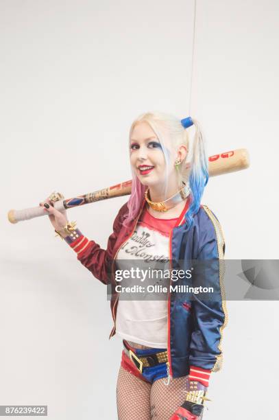 Suicide Squad Harley Quinn cosplayer seen during the Birmingham MCM Comic Con held at NEC Arena on November 19, 2017 in Birmingham, England.