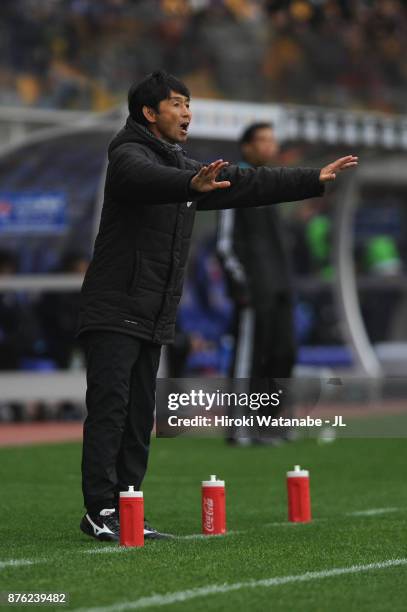 Head coach Masatada Ishii of Omiya Ardija gestures during the J.League J1 match between Vegalta Sendai and Omiya Ardija at Yurtec Stadium Sendai on...