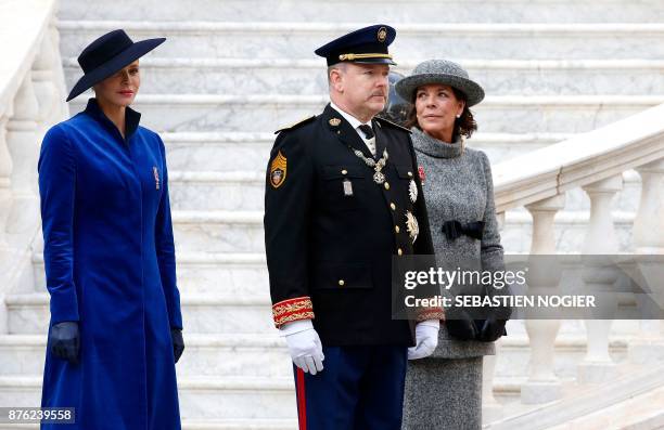 Princess Charlene of Monaco, Prince Albert II of Monaco and Princess Caroline of Hanover, attend the Monaco National Day celebrations at the Monaco...