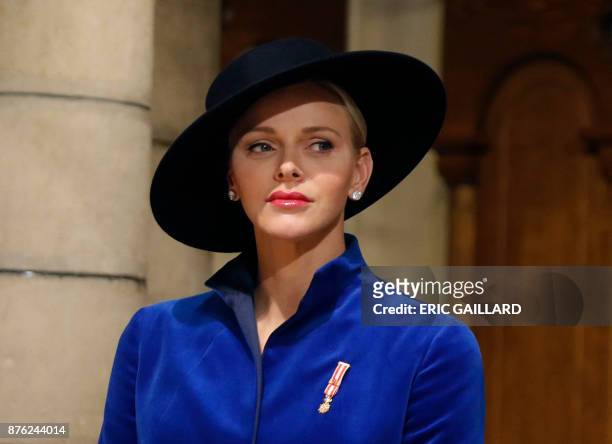 Princess Charlene of Monaco attends a mass at the Saint Nicholas cathedral during the celebrations marking Monaco's National Day on November 19, 2017...
