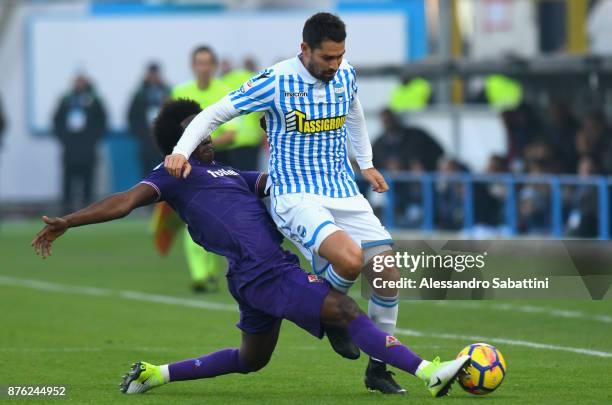 Marco Boriello of Spal competes for the ball whit Carlos Sanchez of ACF Fiorentina during the Serie A match between Spal and ACF Fiorentina at Stadio...