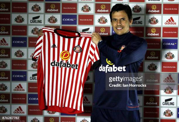 Chris Coleman holds a club shirt after being named as the new Sunderland manager at The Academy of Light on November 19, 2017 in Sunderland, England.