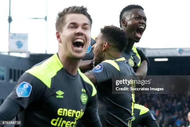 Nicolas Isimat of PSV celebrates 0-1 with Marco van Ginkel of PSV, Jurgen Locadia of PSV during the Dutch Eredivisie match between PEC Zwolle v PSV...