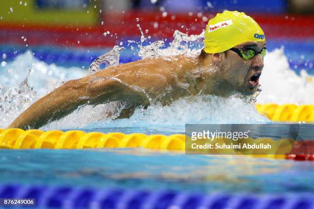 Chad Le Clos of South Africa competes in the men's 100m Butterfly final during the FINA Swimming World Cup at OCBC Aquatic Centre on November 19,...