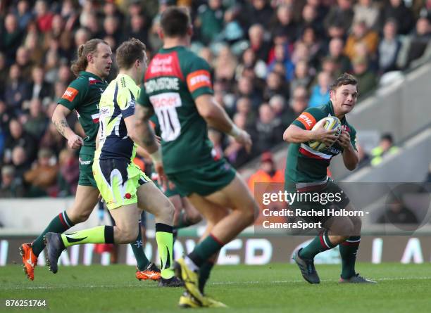 Leicester Tigers' Will Evans during the Aviva Premiership match between Leicester Tigers and Sale Sharks at Welford Road on November 19, 2017 in...